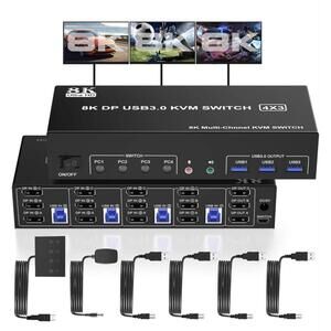 ✅ 8K DP Displayport USB 3.0 KVM Switch 4x3, 3 Monitors 4 Computers, 4K@144Hz ✅